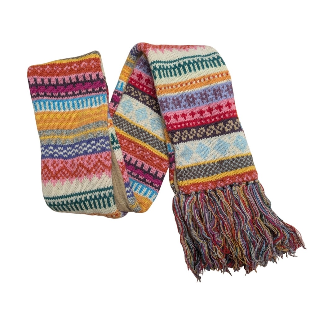 Vintage Y2K GAP Fair Isle Striped Scarf Multicolor 100% Lambswool Boho Artsy